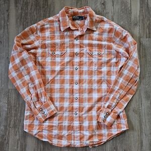 Vintage Polo Ralph Lauren Men's Orange Pearl Snap Square Western Shirt Large